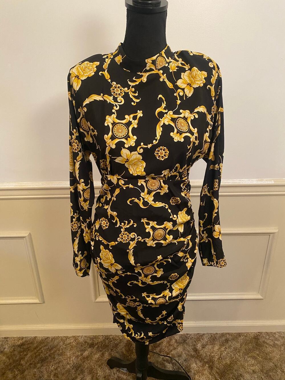 Veronica Beard Amile Printed Stretch-Silk Ruched Mini-Dress Black Gold Floral